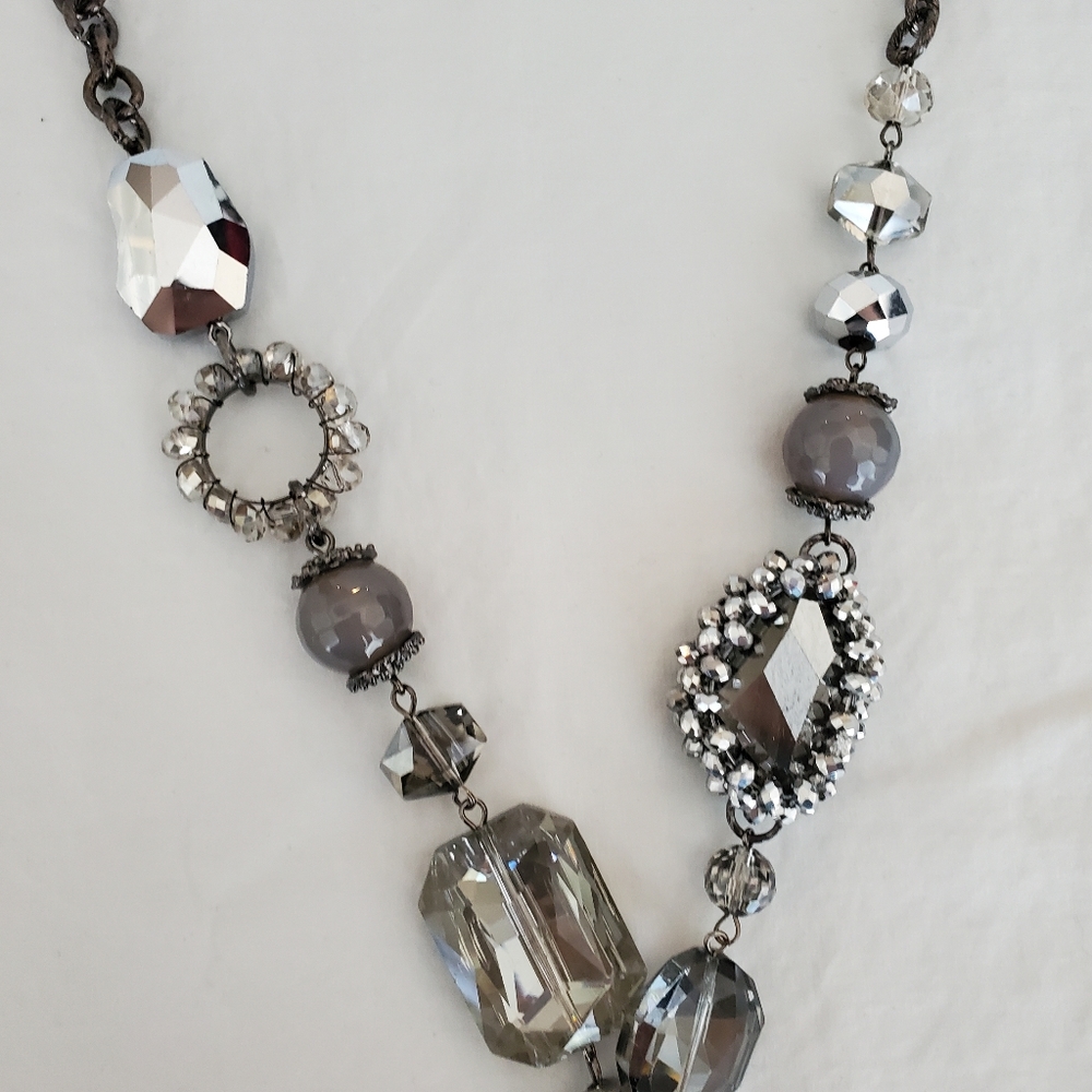 Silver Gem Sparkly Mixed Texture Long Gunmetal Silver Tone Long Necklace - Picture 2 of 11